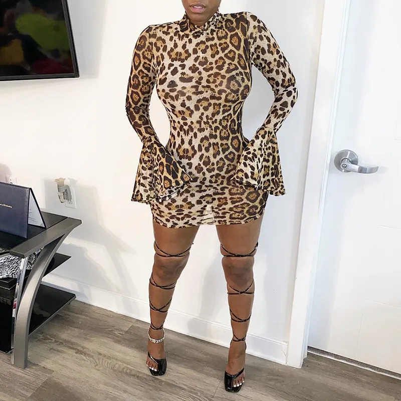 

Женское леопардовое платье, облегающее средней длины, Осеннее Макси-Платье с круглым вырезом и длинным рукавом для девушек