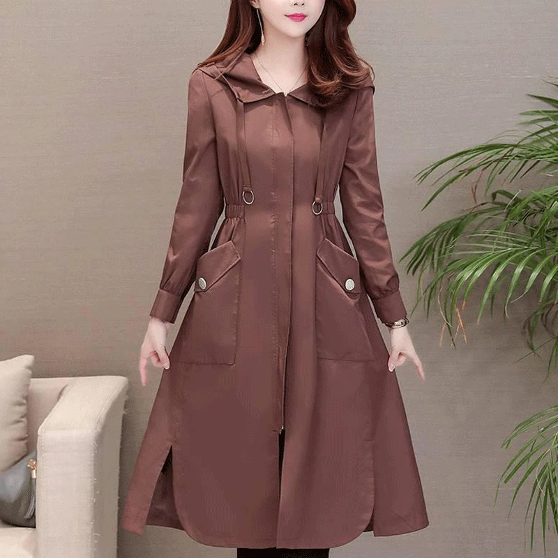 Ветровка женская с капюшоном приталенное пальто однотонная длинная куртка