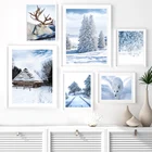 Зимний снег, солнечный свет, лес, олень, лисичка, домик, скандинавские постеры и принты, настенная живопись, холст, картина для декора гостиной