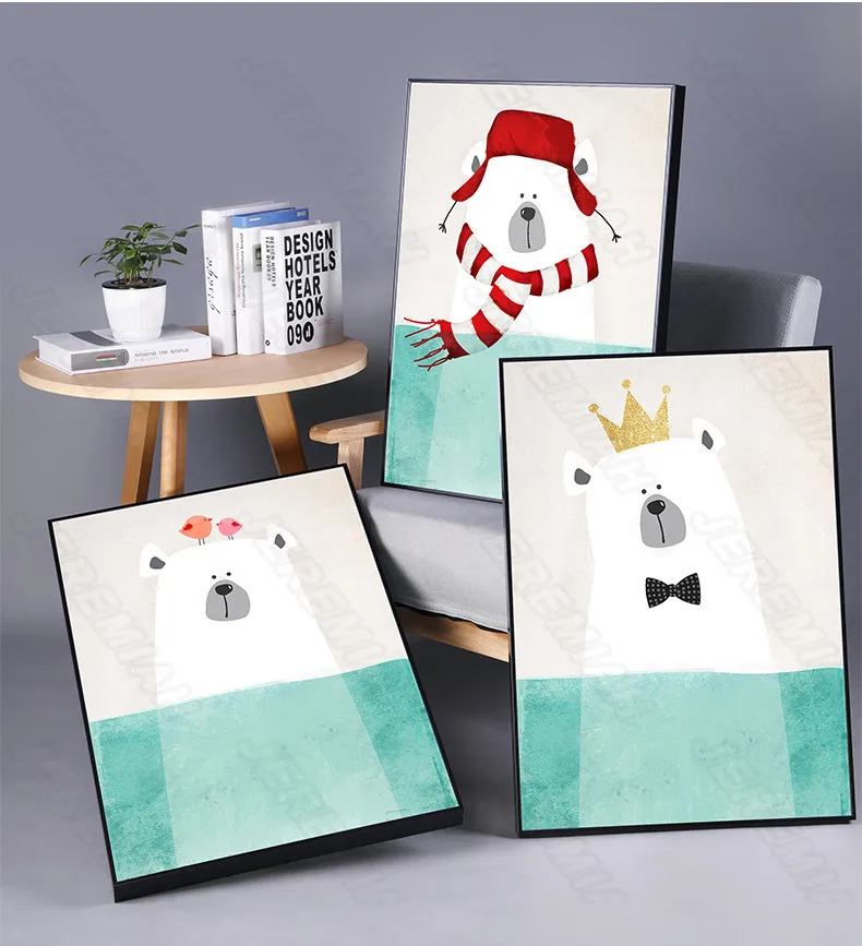 

Crowned Penguin Polar Bear Cartoon Poster Nordic Style Wall Art Canvas Print Painting Children Bedroom Decoration
