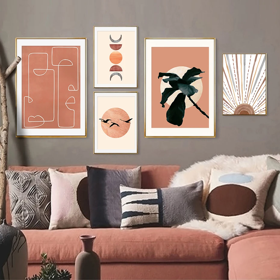 Абстрактная богемная Луна фазы линии современный постер холст картина на стену