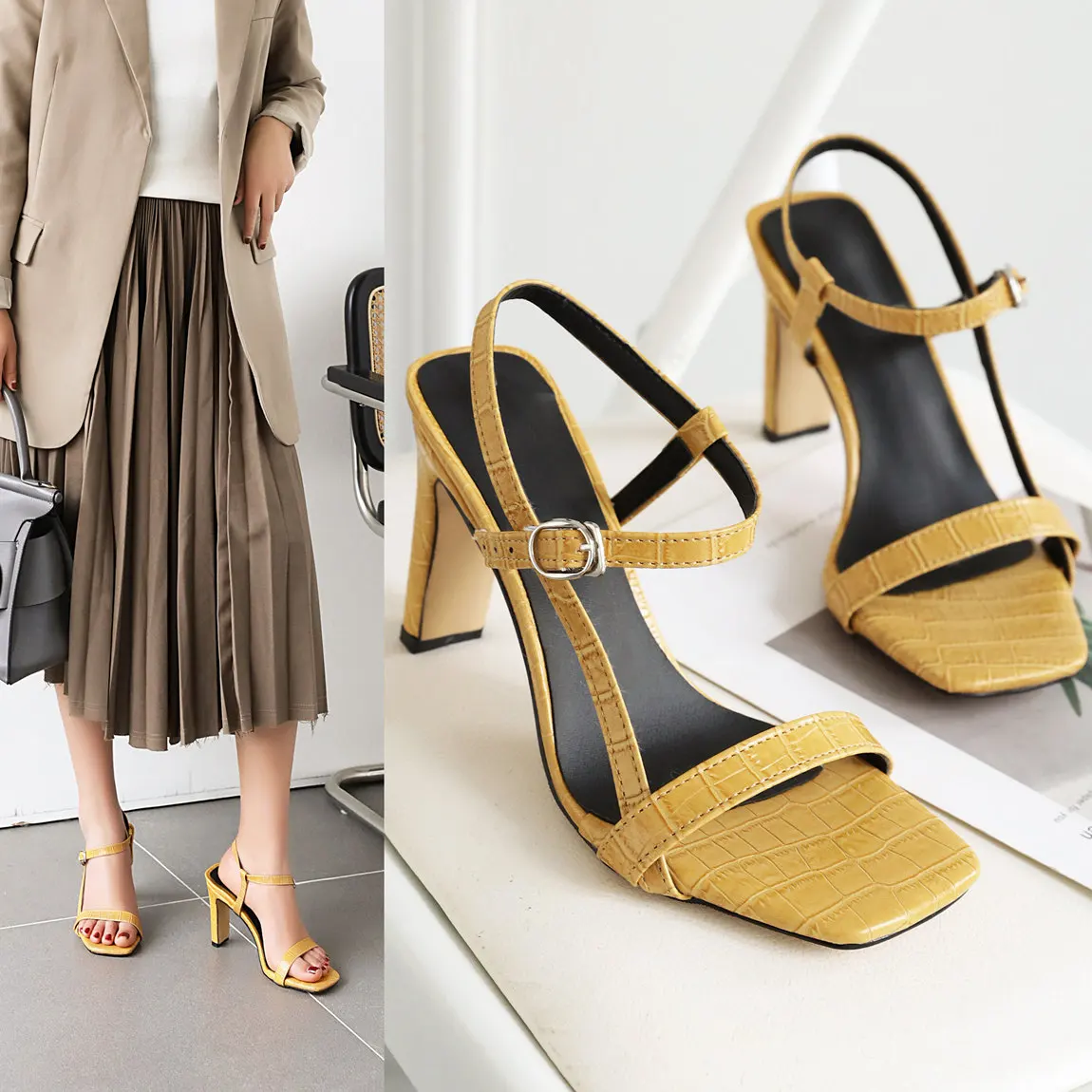 Босоножки из искусственной кожи на тонком высоком каблуке Модная женская