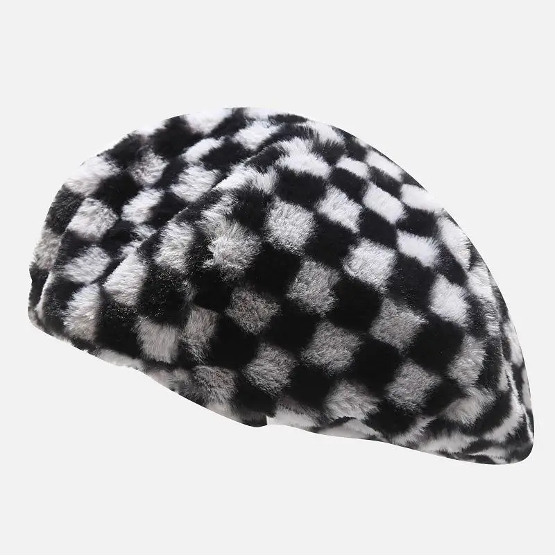 Женский берет с клетчатым принтом шапка из искусственного бархата зимние теплые