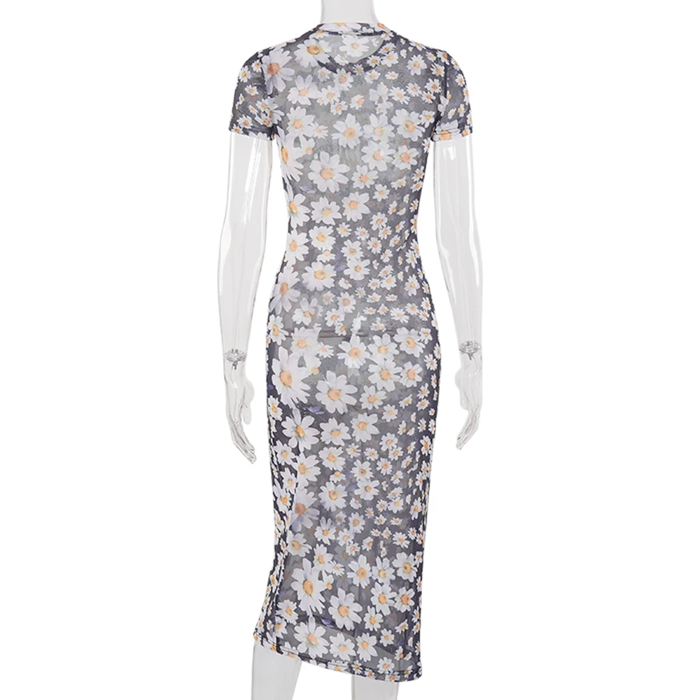 

Missme Black Dress Floral See Through Mesh Long Dress Midi Dresses Short Sleeve Cute O Neck Sexy Streetwear Summer 2021