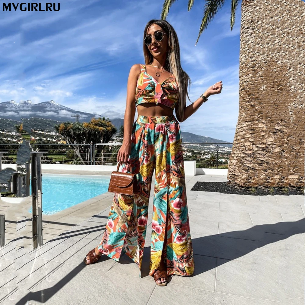 

MVGIRLRUPreorder 2Pecs Women's Summer Sets Vacation Style Printed Short Camisole High-waist Wide-leg Pants Two-piece Casual Sets