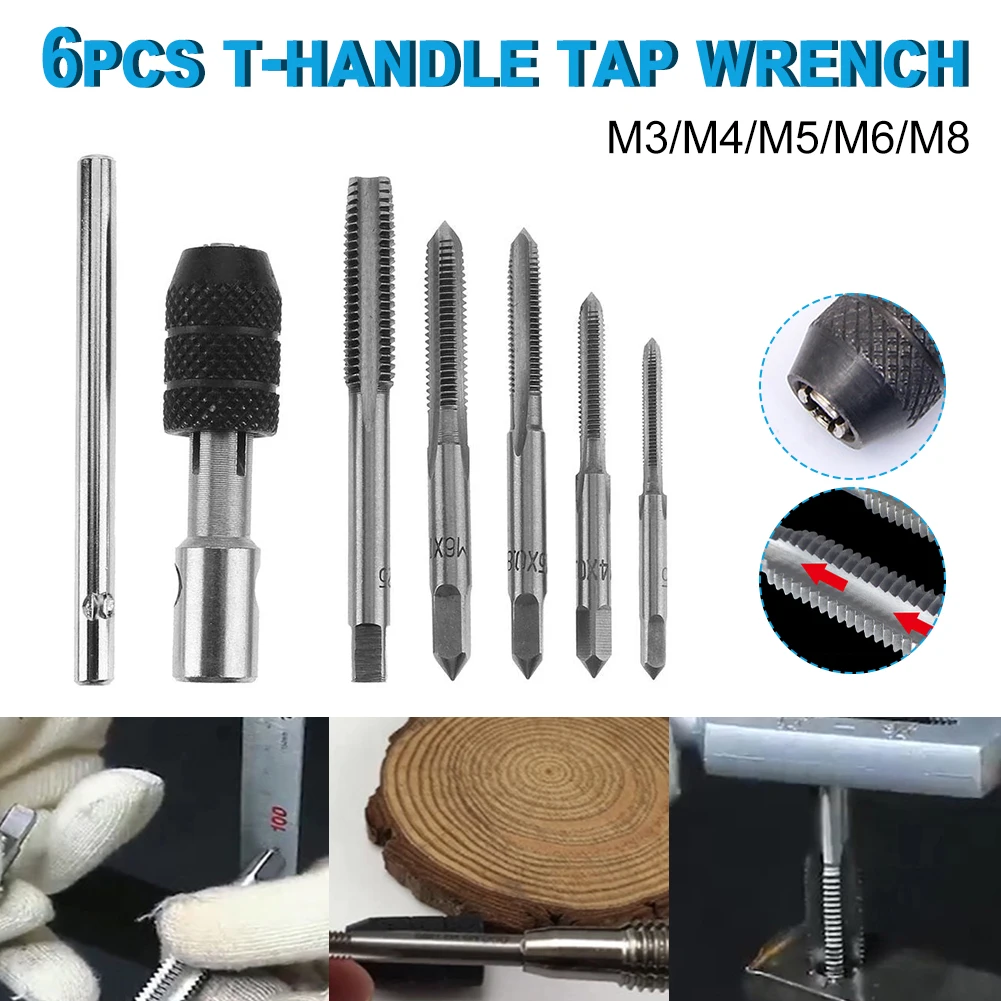 

New 6pcs T-type Wrench Drill Set Hand Tapping Tools Machine Screw Thread Tap Twist Bit M3/M4/M5/M6/M8 Tap Set DIY Tools