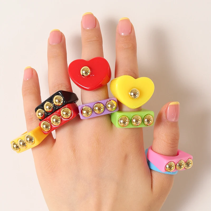 

Chunky Ring 2021 New Colorful Resin Heart Rings for Women Girl Harajuku Style 90s Y2K Jewelry Fashion Girl Gifts