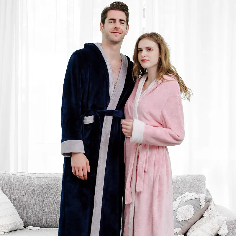 

Long Thickened Flannel Couple Nightgown Men And Women Plus Size Coral Fleece Bathrobe Autumn And Winter Pajamas