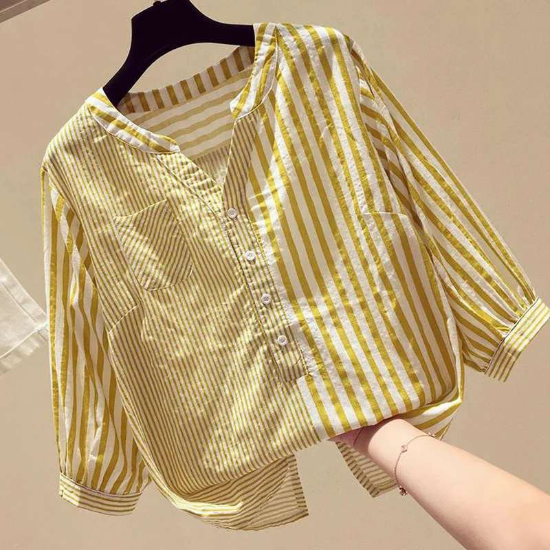 Casual Loose V-neck Striped Shirt Blouse Women 2021 Summer Autumn Elegant Button Blusas Female Office Ladies Sexy Thin Shirt