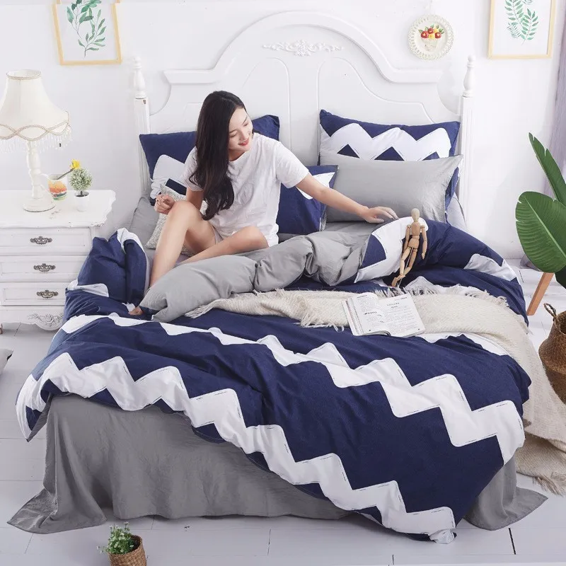 100% мыть хлопок Пододеяльник 3/4 шт набор постельного белья синий полосой взрослый