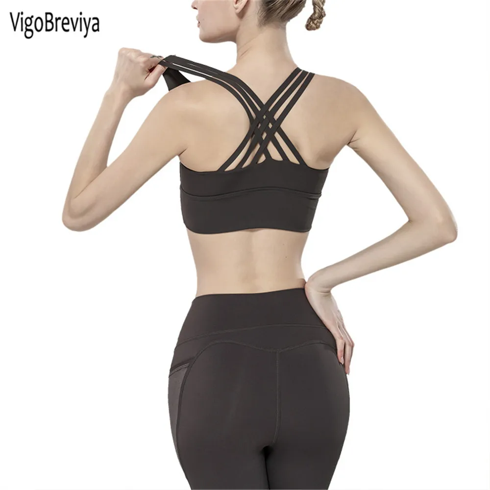 

VigoBreviya Cross High Impact Yoga Bra Women Seamless Push Up Sport Bra Female Strapy Padded Fitness Wear Gym Workout Crop Top