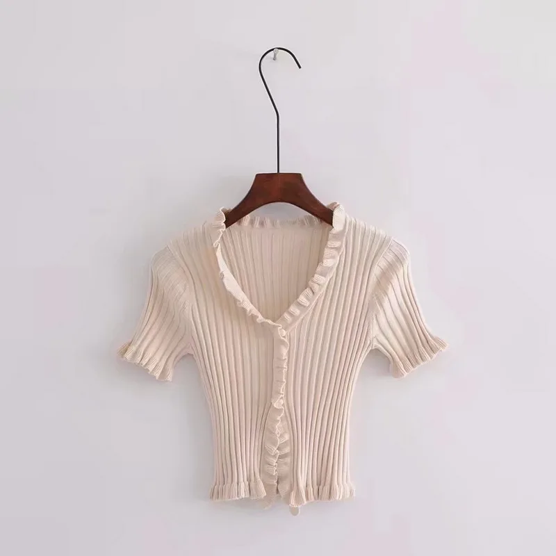 Beige T Shirt Women Летняя женская трикотажная рубашка Харадзюку короткий рукав с оборками, укороченный топ, сексуальная уличная одежда, Женская забавная футболка с коротким рукавом - Цвет: Beige T Shirt Women
