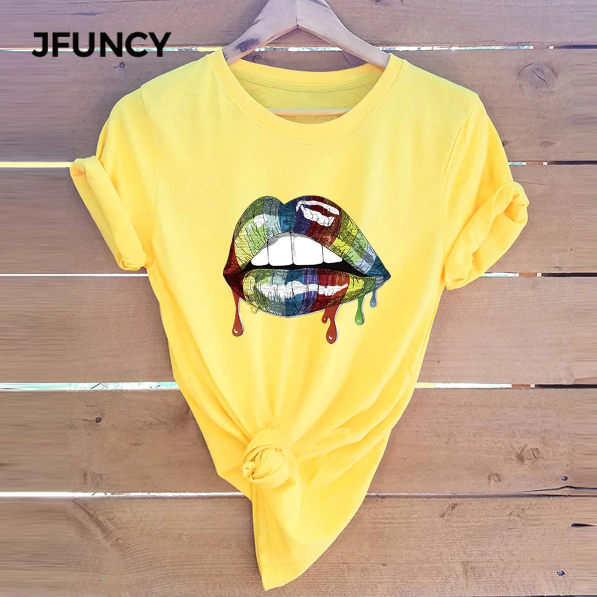 JFUNCY  Women T Shirt New Lips Print Summer Tees Woman Tops Short Sleeve Casual T-shirts 100% Cotton Female Tshirt