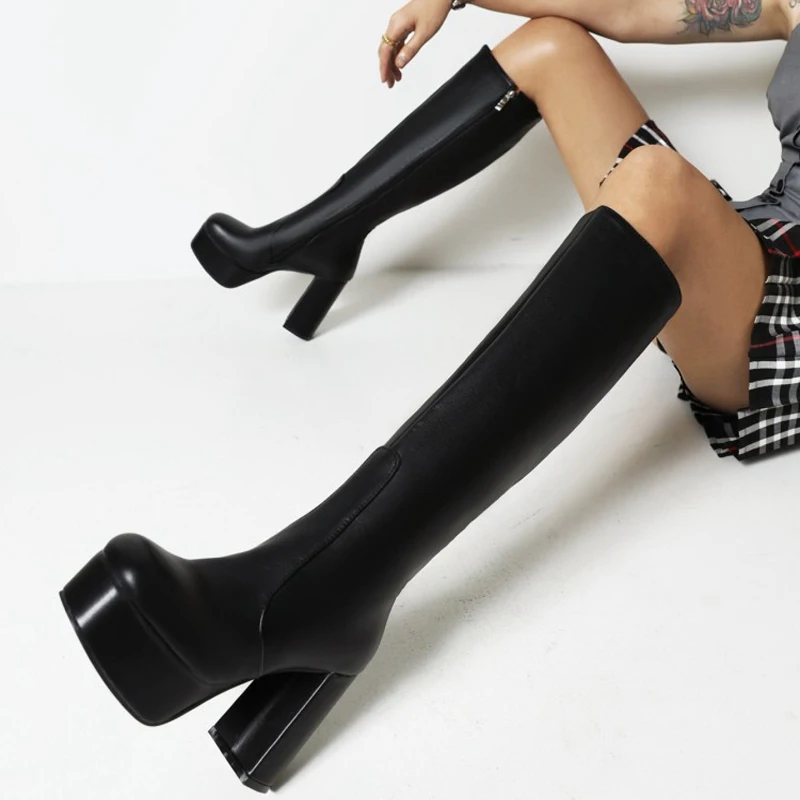 

Pink Platform Thick high heel Zip Knee high Boots Women 2021 New Autumn Winter PU leather Women's Shoes Black White Big Size 43