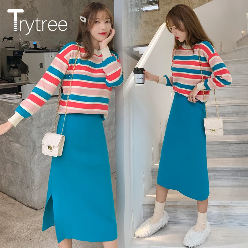 Женский комплект из двух предметов Trytree повседневный топ в полоску с круглым
