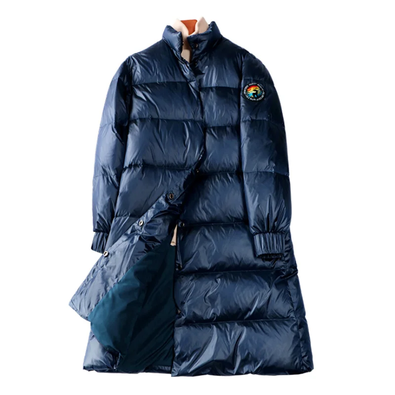 

2019 winter new style white duck down jacket female medium and long style slim clothes bright surface coat thicker warm coats