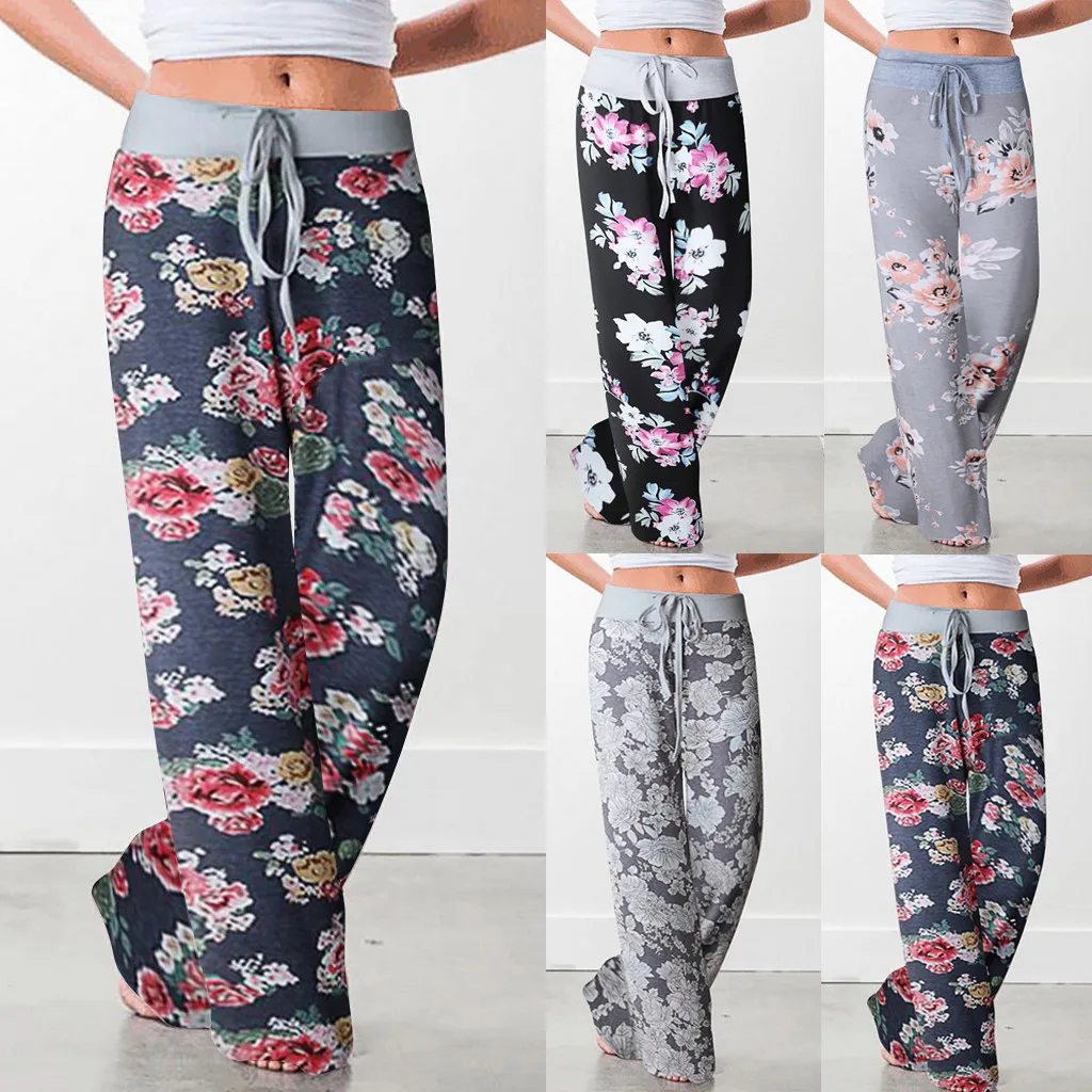 Брюки женские эластичные с высокой талией удобные штаны для отдыха цветочным