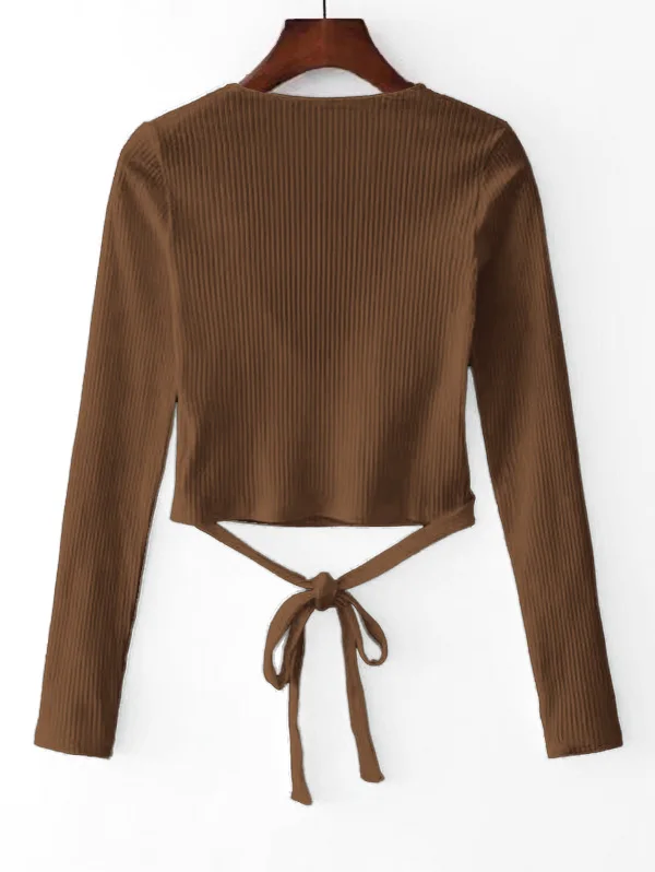 ZAFUL трикотажный ребристый топ с запахом женский v образным вырезом однотонный