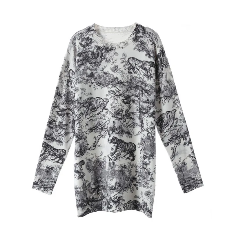 Women Loose Long Sweater Runway 2019 Fall Winter Tiger Animal Print Full O-neck Knit Pullover P-098 | Женская одежда