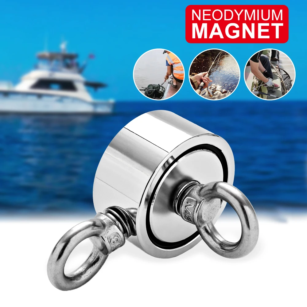 

Max 1700LBS Double Sided Powerful Neodymium Magnet Big Magnetic Strong Salvage River Fishing Magnets Ring Hook Permanent