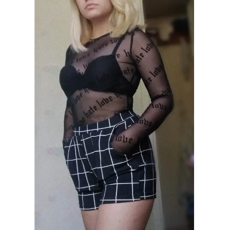 Женская прозрачная сетчатая блузка с длинными рукавами и круглым вырезом