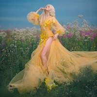 yellow v neck a line prom dress for photo shoot high split long sleeves women robes with 3d flowers sexy fluffy party sleepwear