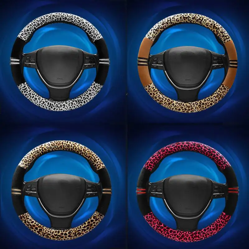 

Leopard-Print Plush Steering Wheel Cover Winter High-Density Steering Wheel Cover Stylish Personality Non-slip Massage