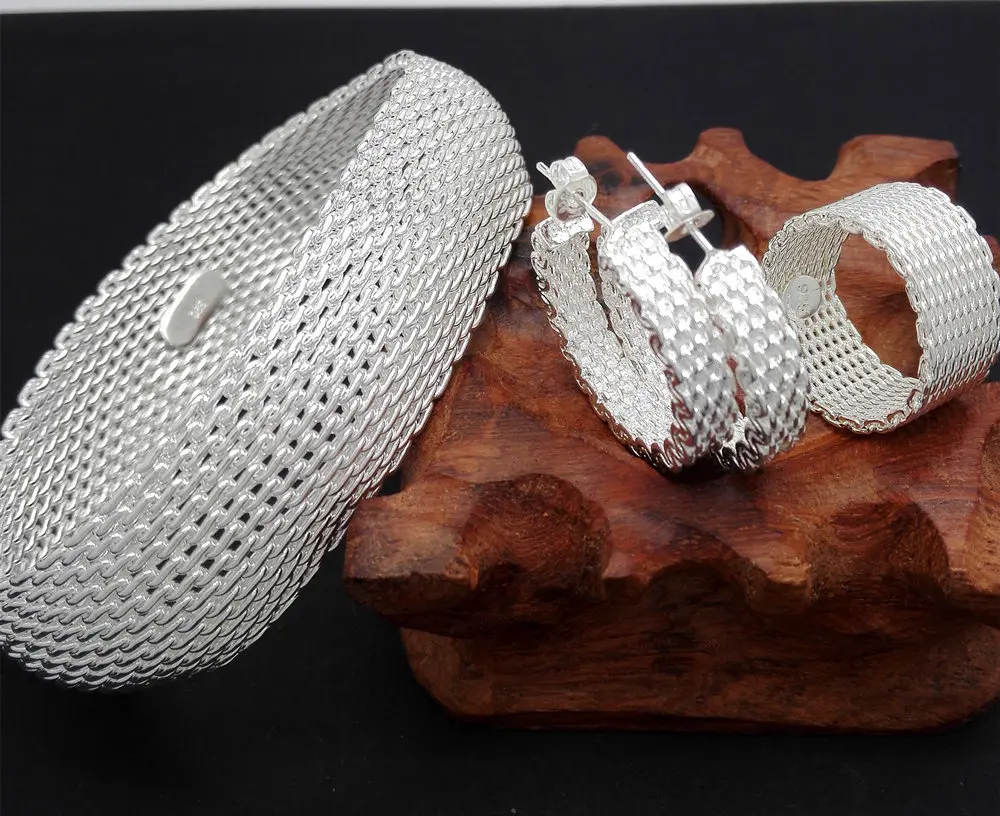 

Fashion Jewelry Sets Silver Mesh Earrings + Bangle+ Rings Sets for Women Party Wedding Jewelry Accessories