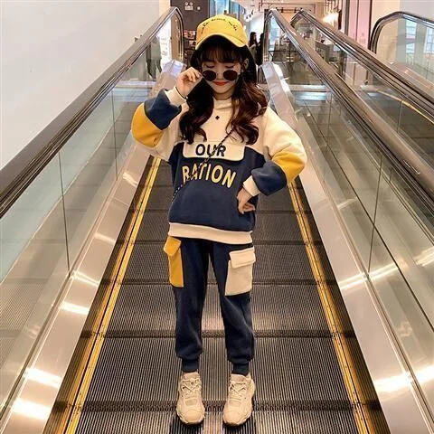 

Girls Suits 2021 New Children Sports Spring and Autumn Clothes Medium-big Kids Hooded Sweater Two-piece