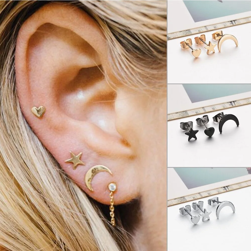 Маленькие серьги в виде черной Луны звезды луны сердца женские вечерние простого