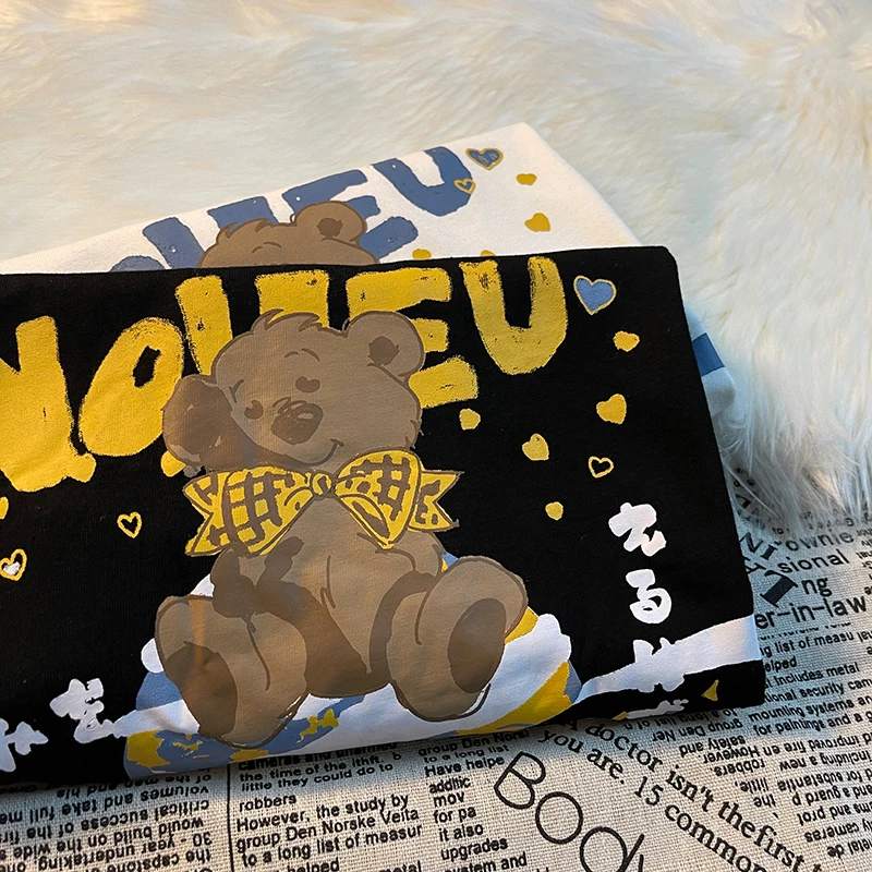 

2021 Women Summer Plus Size Space bear Print T-shirt Cotton Loose Short Sleeve Cute Cartoon Tee Female Tops M-5XL