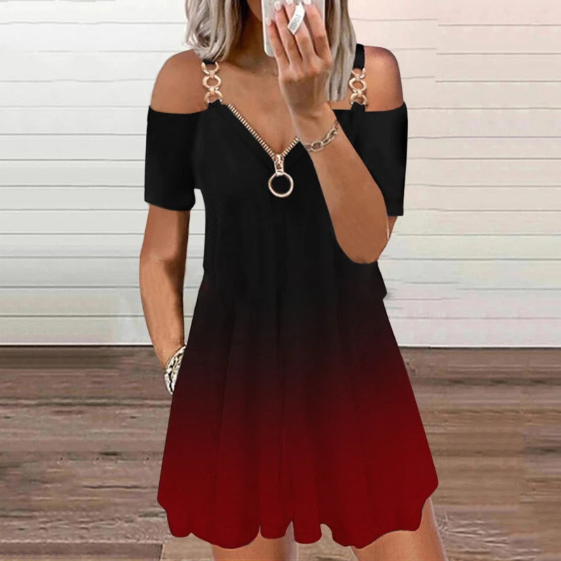 

Ladies Gradient Dress Summer Short Beach Dress Shoulder Simple Female Dresses Women Short Sleeve Zipper V Neck Woman Clothing