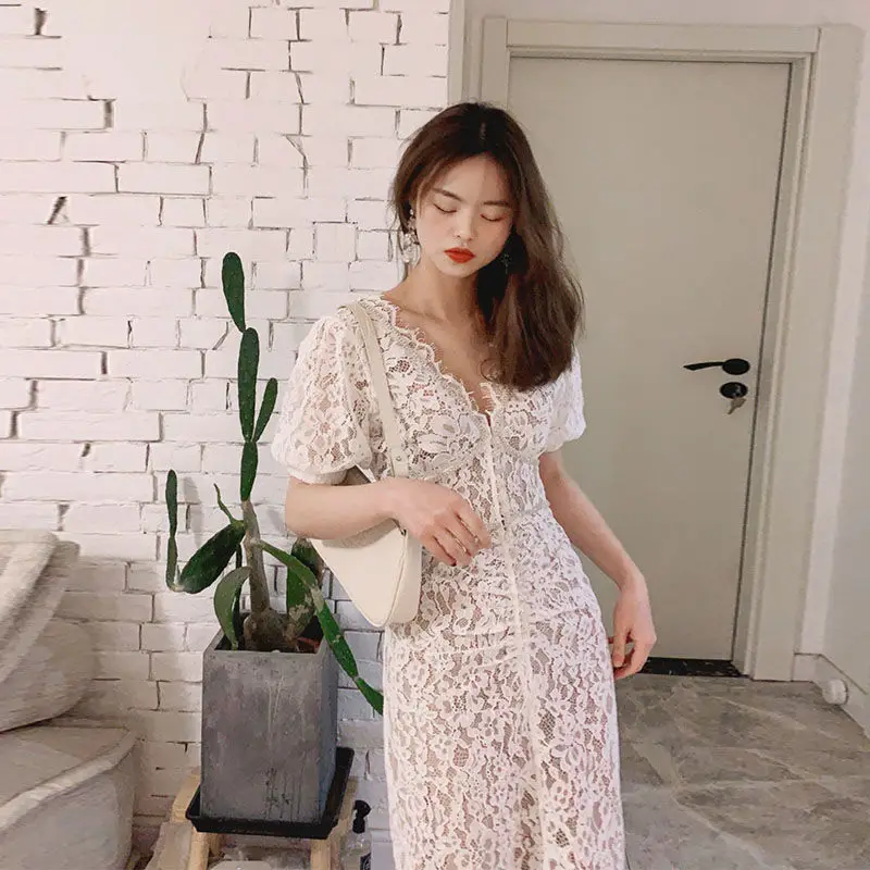 

High-End Dresses Women 2021 Summer New V-neck Rhinestone Beads Gorgeous Lace Sheath Dress Fairy Slimming Dignified Elegant Dress