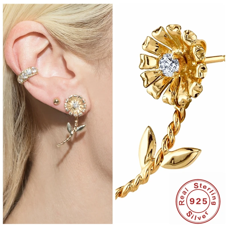 

Aide Genuine 925 Sterling Silver Minimalist Flower White Shiny Crystal Zircon Stud Earrings for Women Fine Jewelry Accessories