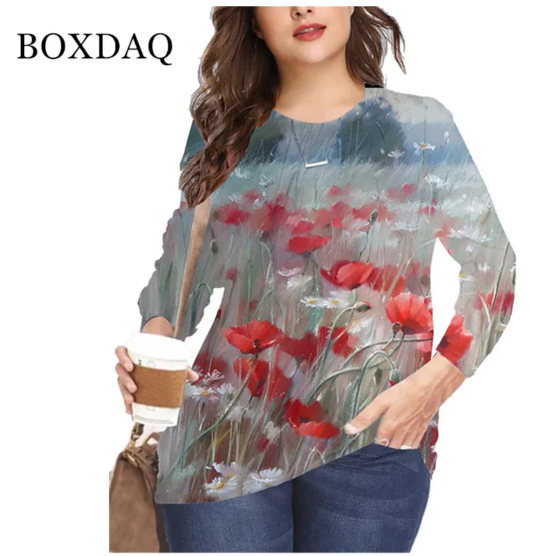 

Autumn 2021 Women Vintage Floral Print T Shirts Long Sleeve Fashion Tops Casual O-Neck Female Tee Top 5XL 6XL Plus Size Clothes