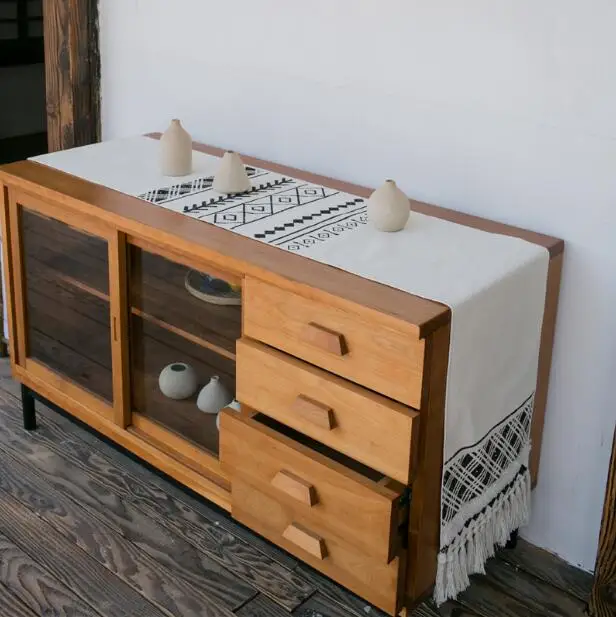 

Morocco Table Runner Tablecloth Cover Fabric Nordic Geometric Black White Lines Tassels Modern Home Office Store Decorating