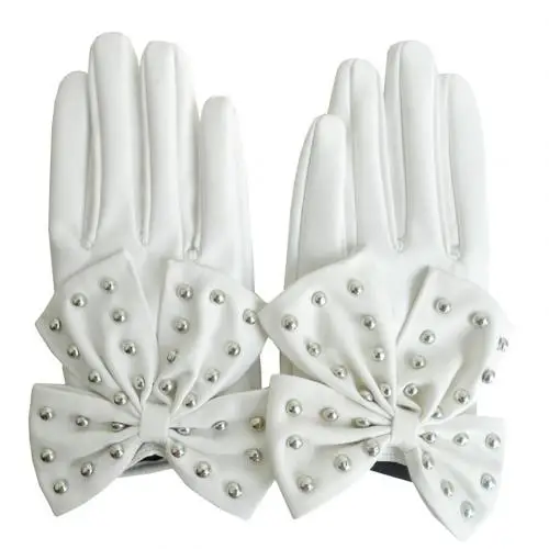 White with Rivet Мотоциклетные женские заклепки лук сплошной цвет Искусственные кожаные перчатки полный митенки для пальцев - Цвет: White with Rivet