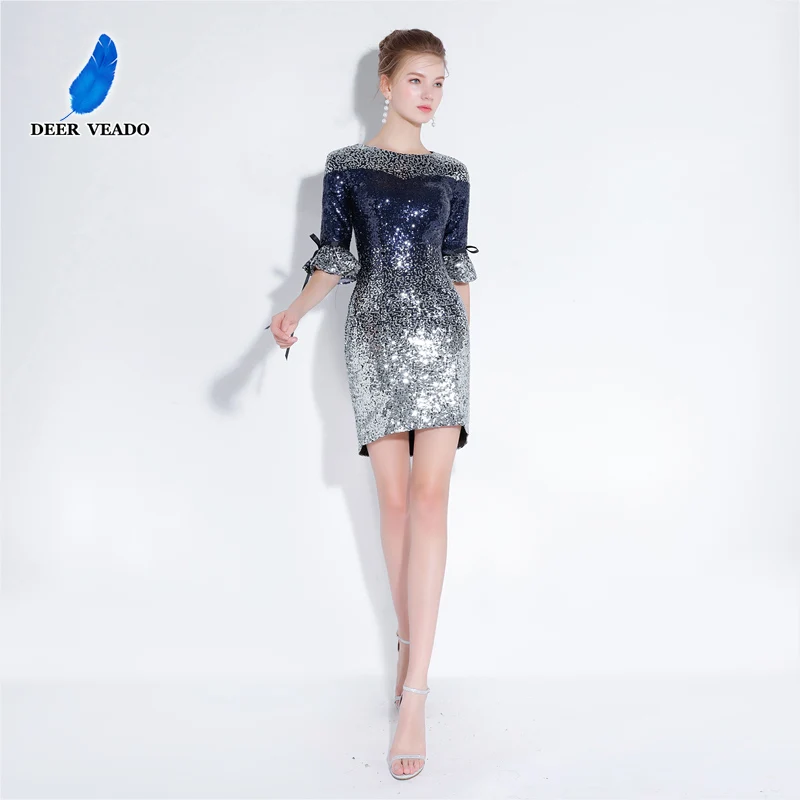 

DEERVEADO YS430B Sexy Mini Short Prom Dresses Sequins Prom Party Dress Women Occasion Dresses Half Sleeves