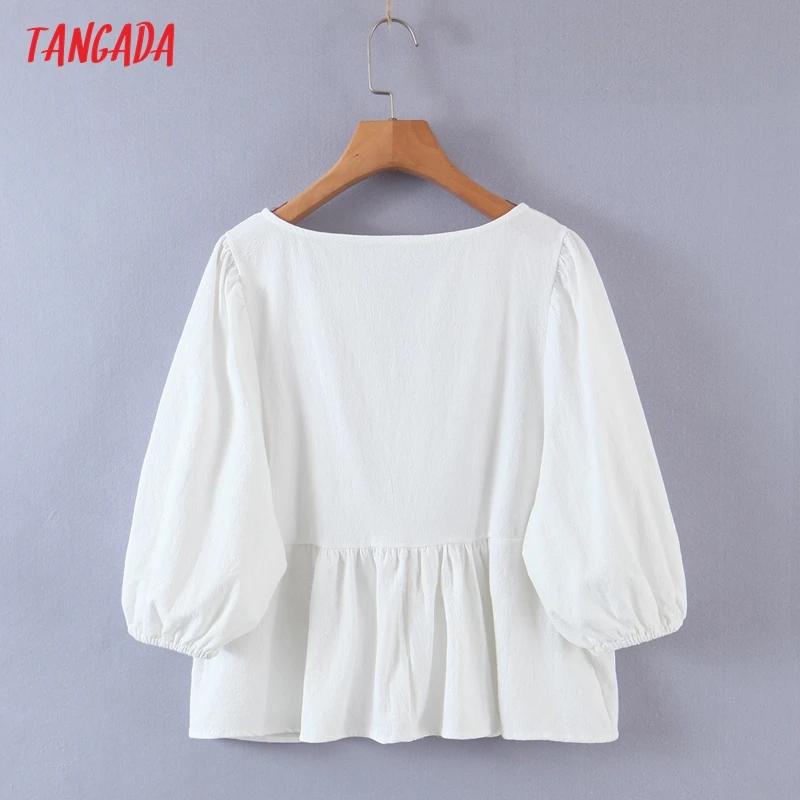 

Tangada Women Lace Patchwork White Cotton Blouse Puff Sleeve Chic Female Casual Loose Shirt Blusas Femininas RB20