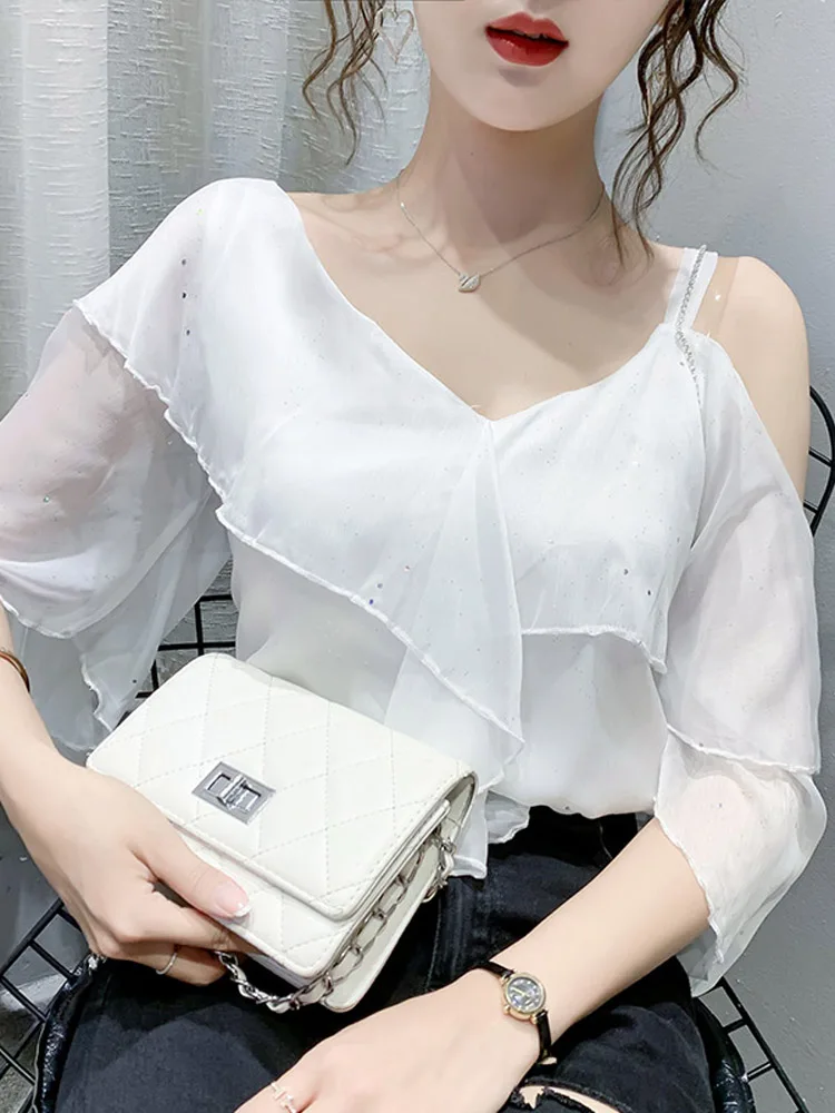

Women's 2021 summer new design sense sexy oblique shoulders exposed clavicle top ruffled short-sleeved chiffon shirt
