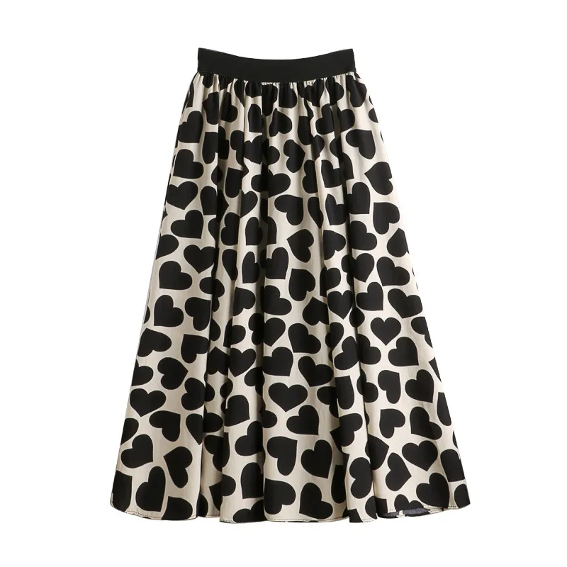 

Cotton Summer Mid-calf Skirt Women Heart A Line Stylish Skirt Sweet Elastic Waist Loose Love Print Skirt Elegant Umbrella Skirts