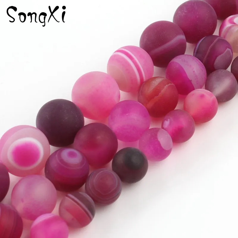 Natural Fuchsia Dull Polish Matte Stripe Agates Stone Round Beads for Jewelry Making Diy Bracelet Necklace 4 6 8 10 12mm 15 Inch | Украшения