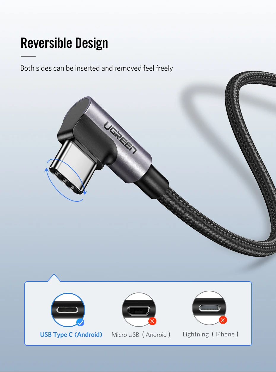 Ugreen 90 градусов usb type c кабель передачи данных для быстрой зарядки зарядное устройство для samsung s9 s8 huawei xiaomi9 usb c кабель короткий 2 м Android