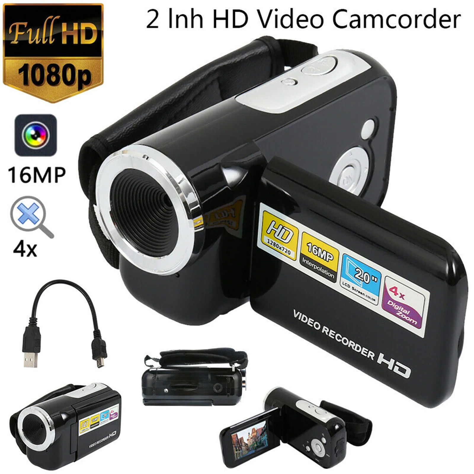 

2.0" Portable Digital Video Camera 16MP 4X Zoom Camcorder Mini Video Camera DV DVR - Black