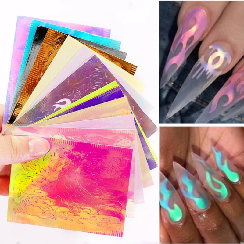 2PCS 3D Nail Art Decorations 6*8cm Flame Sticker Foil Golden Color Transfer Designs Water Decals Stickers Wraps | Красота и здоровье