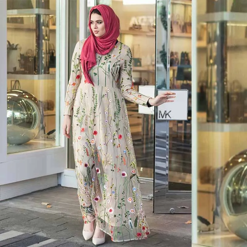 Мусульманское платье-Кафтан abaya Дубай цветочные кружева вышитые халат элегантные скромные Модные женские исламские турецкие платья с длинными рукавами