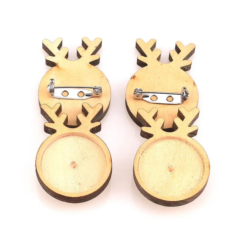 

10pcs/SET Christmas Wooden Deer 25mm Round Brooch Base Cabochon Blanks Trays with Brooch Pins Cameo Cabochon Base Setting