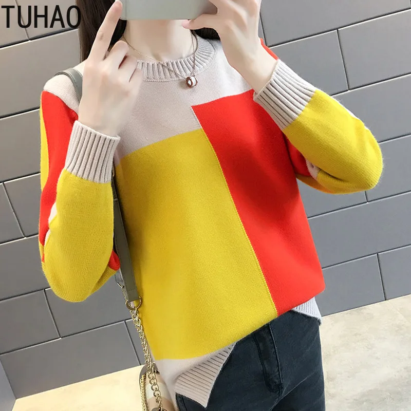 TUHAO sweet Casual Lady women sweater Geometric Pattern Loose Knit Women Bottom Shirt Color Collision Femme sweaters HC160 | Женская