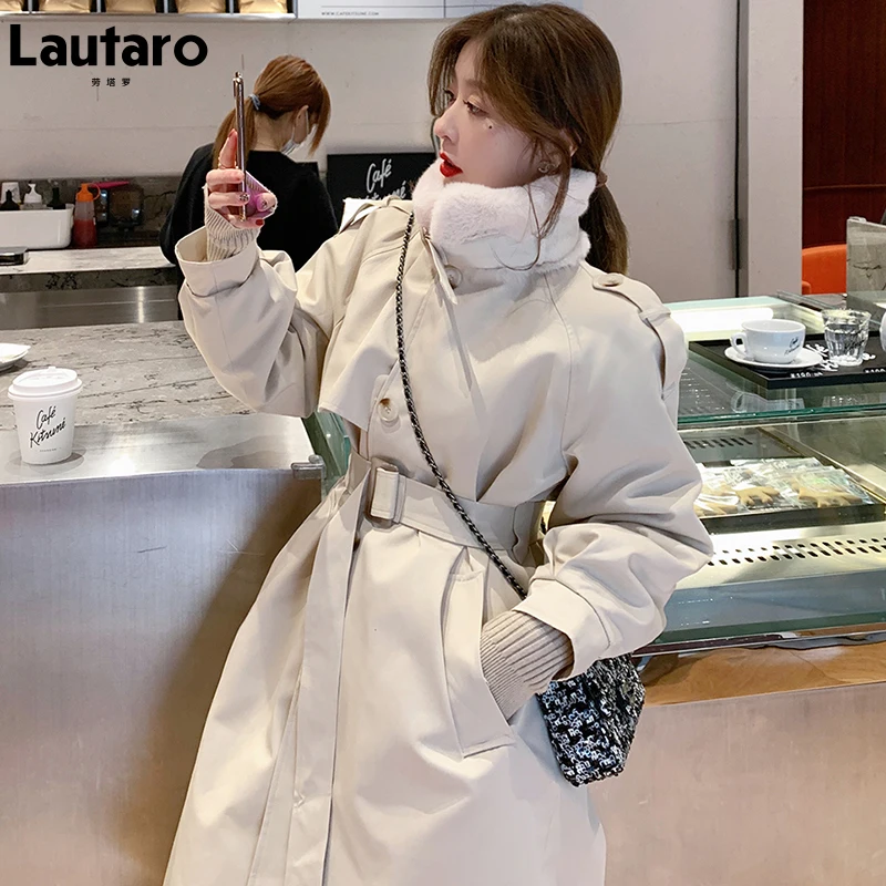 Lautaro Зимний длинный теплый толстый тренч для женщин с искусственным мехом внутри