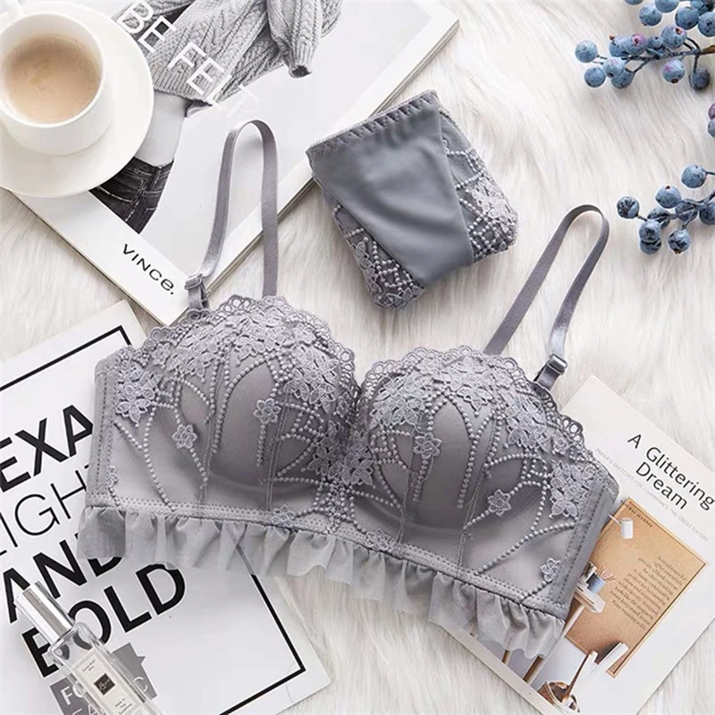 Сексуальное нижнее белье комплект нижнего белья пуш-ап для женщин вышивка кружева толстый бюстгальтер трусики Комплект Девушки удобное нижнее белье AB чашка - Цвет: Gray